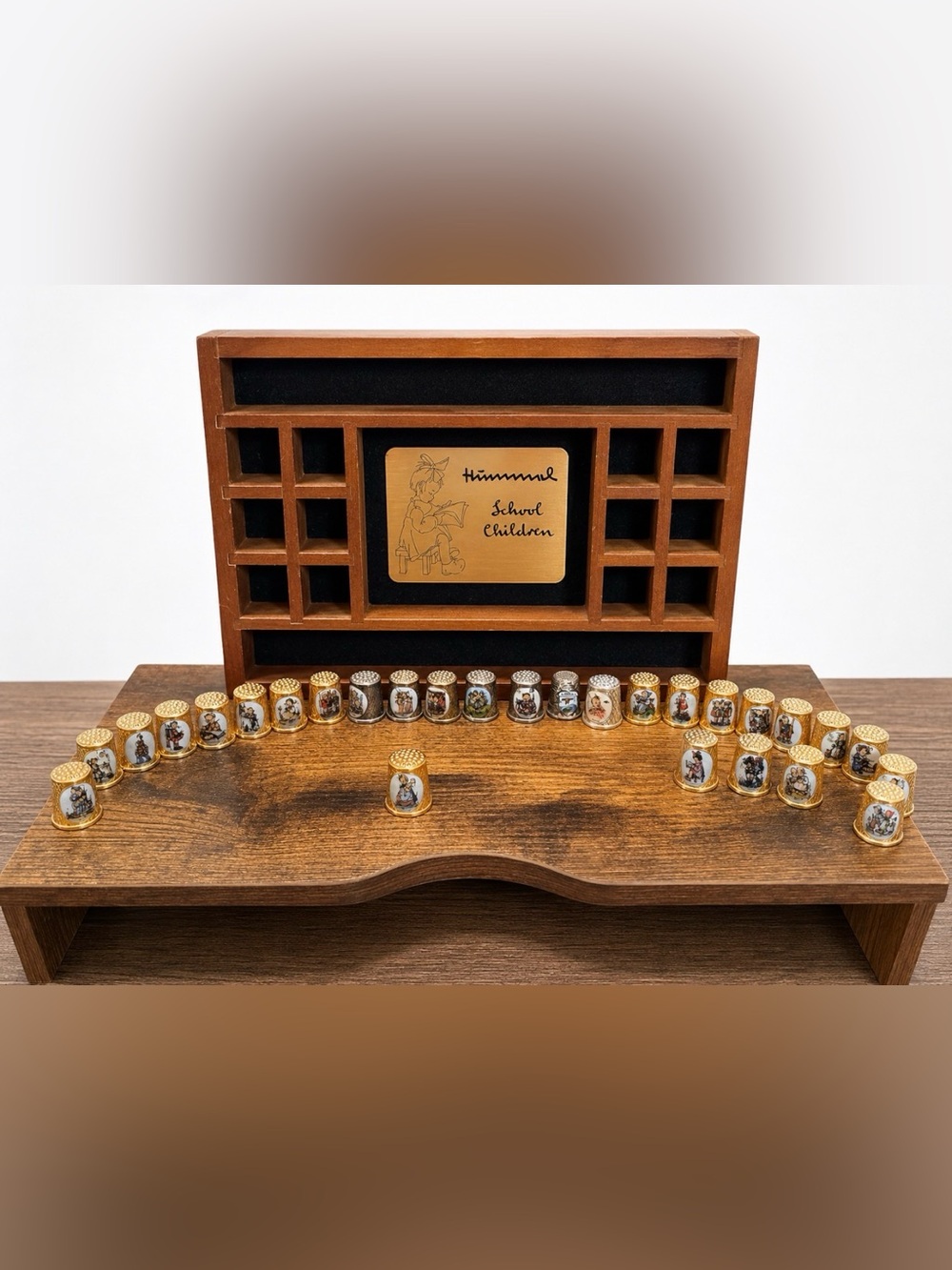 Vintage Hummel Gold and White School Children Thimble Set with Display Plaque